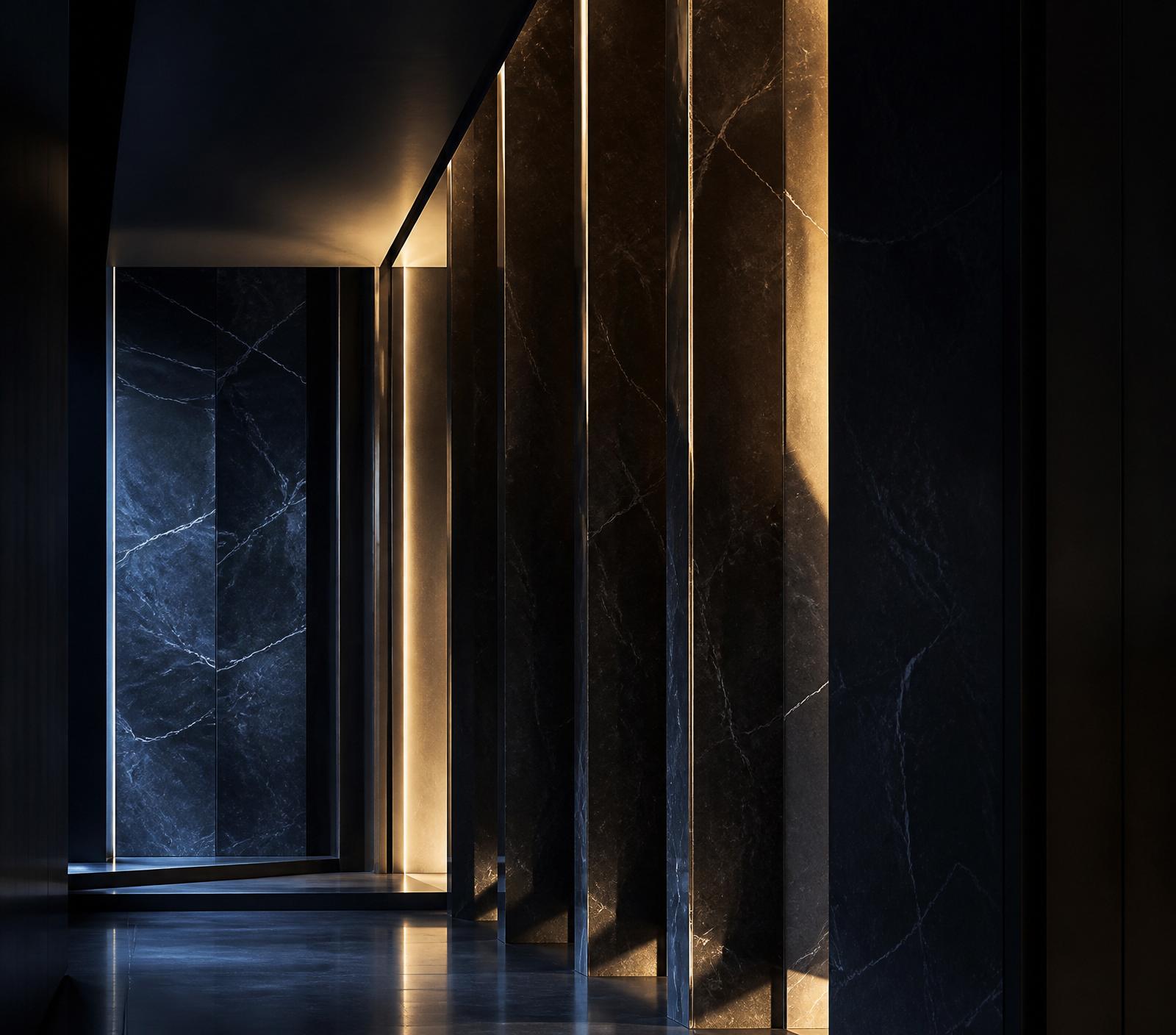 Interior arquitetônico contemporâneo em tons de navy e dourado